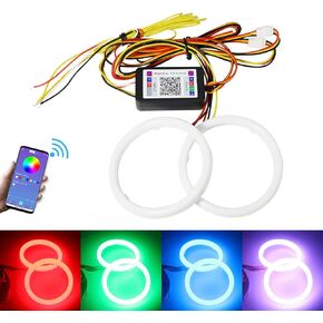 Qasim Angel Eyes Halo Rings Cotton Lights 12V 60MM RGB LED Universal for Car Scooter Motorcycle DRL Fog Light Turn Signal Lamp APP Bluetooth Control Multi-Color 2-Pack