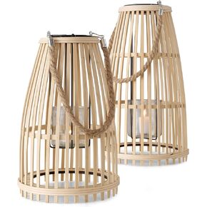 Key West Bamboo Hurricane Lanterns, Set of 2, White Metal Frame, Loop Handle, Floating Glass Insert, 9 3/4 D x 17 1/4 T, and 7 D x 12 1/4 T Inches, Modern Tropi