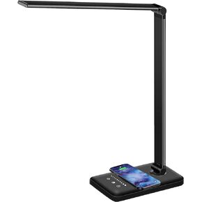 LED Desk Lamp with Wireless Charger, USB Charging Port, Dimmable Eye-Caring Desk Light with 5 Brightness Levels & 5 Lighting Modes, Touch Control, Auto Timer (Black)