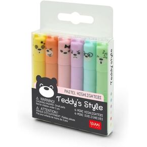 LEGAMI Teddy’s Style Set of 6 Mini Highlighters, 1 x 7.5 cm, Yellow, Peach, Pink, Lilac, Light Blue, Light Green, for Precision Highlighting and Underlining