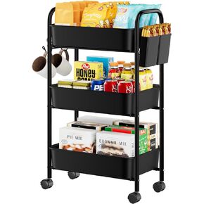 3 Tier Rolling Storage Cart, Utility Organizer Shelves with Wheels for Kitchen Bathroom, Basket 17.5"x12" Black