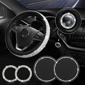 Diamond Bling Steering Wheel Cover for Women Universal Fit 15 Inch, Sparkly Car Wheel Protector with Bling Cup Holder Insert Coasters Rhinestone Ring Emblem, 5 Pack Car Interior Accessories