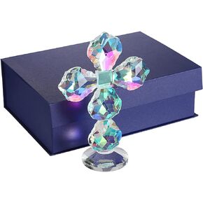 JUXYES Decorative Crystal Cross Standing Tabletop Figurine Ornament, Maple Leaf Glass Cross Traditional Standing Cross On Base Glass Craft Decor with Gift Box Cross Centerpieces for Home Decor