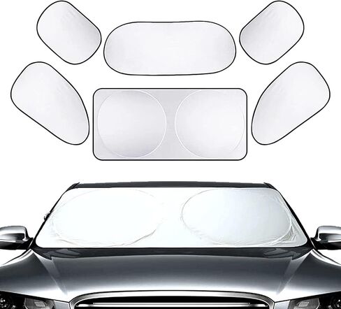 6 PCS Car Windshield Sun Shade, 2 Front Rear Sun Visor, 4 Side Window Sunshade Foldable UV Protector Set, Universal for Auto SUVs Sun Heat Block Hood (Silver) in Kuwait