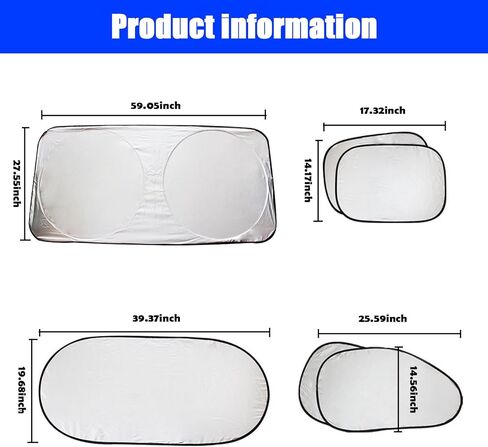 6 PCS Car Windshield Sun Shade, 2 Front Rear Sun Visor, 4 Side Window Sunshade Foldable UV Protector Set, Universal for Auto SUVs Sun Heat Block Hood (Silver) in Kuwait