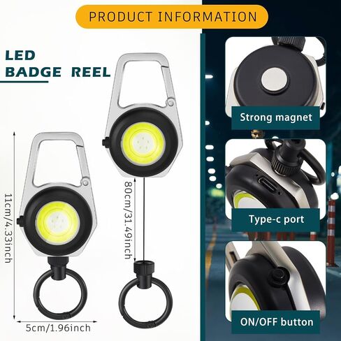 LED Retractable Keychain Light, 4 Light Modes, Type-C Charging, Tactical ID Badge Holder Reel with Rope and Key Ring, with 32" Steel Retractable Cord in Saudi Arabia