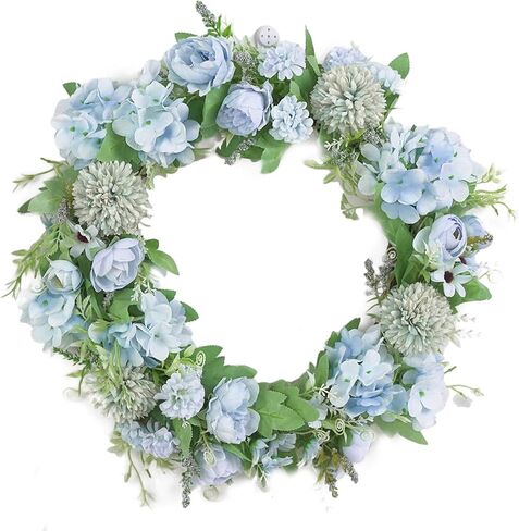 Spring Wreath Silk Peony Wreath with Green Leaves, Artificial Hydrangea and Peony Flower Wreath for Front Door, Welcome Front Door Wreath for Wedding Wall Home Decor(Blue) in Saudi Arabia