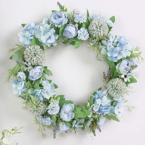 Spring Wreath Silk Peony Wreath with Green Leaves, Artificial Hydrangea and Peony Flower Wreath for Front Door, Welcome Front Door Wreath for Wedding Wall Home Decor(Blue) in Saudi Arabia