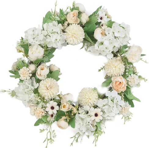 Spring Wreath Silk Peony Wreath with Green Leaves, Artificial Hydrangea and Peony Flower Wreath for Front Door, Welcome Front Door Wreath for Wedding Wall Home Decor(Blue) in Saudi Arabia
