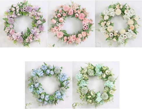 Spring Wreath Silk Peony Wreath with Green Leaves, Artificial Hydrangea and Peony Flower Wreath for Front Door, Welcome Front Door Wreath for Wedding Wall Home Decor(Blue) in Saudi Arabia