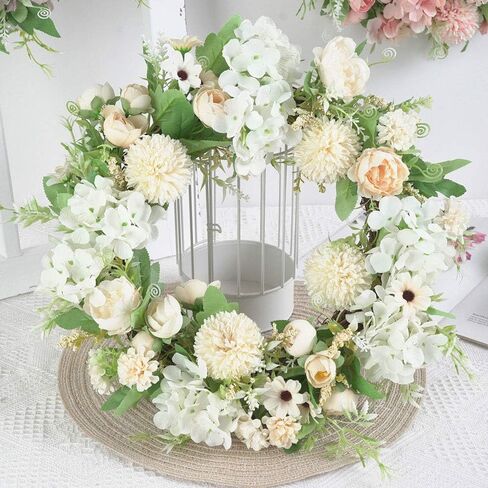 Spring Wreath Silk Peony Wreath with Green Leaves, Artificial Hydrangea and Peony Flower Wreath for Front Door, Welcome Front Door Wreath for Wedding Wall Home Decor(Blue) in Saudi Arabia