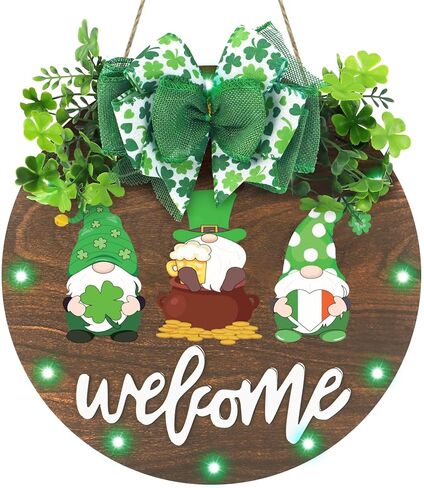 زينة إكليل عيد القديس باتريك من CandyHome، علامة ترحيب معلقة على شكل شامروك خشبي مضاء للباب الأمامي مع قوس الشريط والبرسيم الاصطناعي لباب الحفلات والشرفة وديكور يوم القديس باتريك الأيرلندي in Kuwait