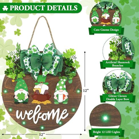 زينة إكليل عيد القديس باتريك من CandyHome، علامة ترحيب معلقة على شكل شامروك خشبي مضاء للباب الأمامي مع قوس الشريط والبرسيم الاصطناعي لباب الحفلات والشرفة وديكور يوم القديس باتريك الأيرلندي in Kuwait