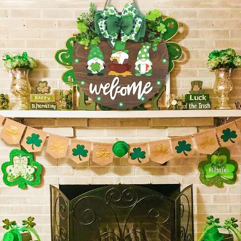 زينة إكليل عيد القديس باتريك من CandyHome، علامة ترحيب معلقة على شكل شامروك خشبي مضاء للباب الأمامي مع قوس الشريط والبرسيم الاصطناعي لباب الحفلات والشرفة وديكور يوم القديس باتريك الأيرلندي in Kuwait