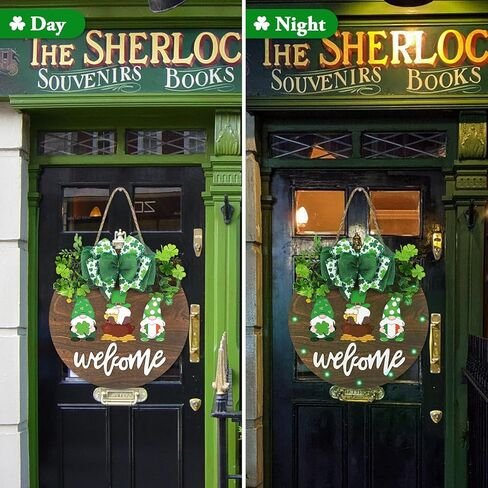 زينة إكليل عيد القديس باتريك من CandyHome، علامة ترحيب معلقة على شكل شامروك خشبي مضاء للباب الأمامي مع قوس الشريط والبرسيم الاصطناعي لباب الحفلات والشرفة وديكور يوم القديس باتريك الأيرلندي in Kuwait