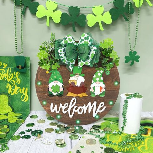 زينة إكليل عيد القديس باتريك من CandyHome، علامة ترحيب معلقة على شكل شامروك خشبي مضاء للباب الأمامي مع قوس الشريط والبرسيم الاصطناعي لباب الحفلات والشرفة وديكور يوم القديس باتريك الأيرلندي in Kuwait