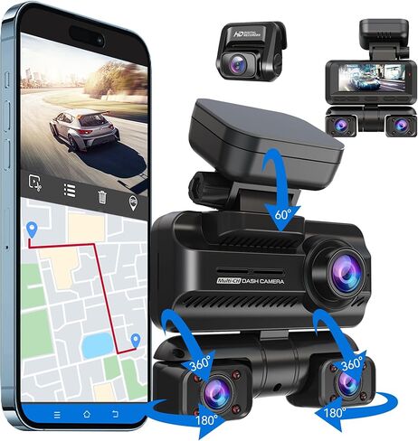 كاميرا داش كام أمامية وخلفية داخلية 4 قنوات 360 درجة، كاميرا داش بدقة 4K/2K/1080P عالية الدقة للسيارات، بطاقة مجانية 128 جيجابايت، كاميرا سيارة مدمجة واي فاي GPS، شاشة IPS 3.18 بوصة، رؤية ليلية، WDR، وضع انتظار 24 ساعة ( د4) in Kuwait