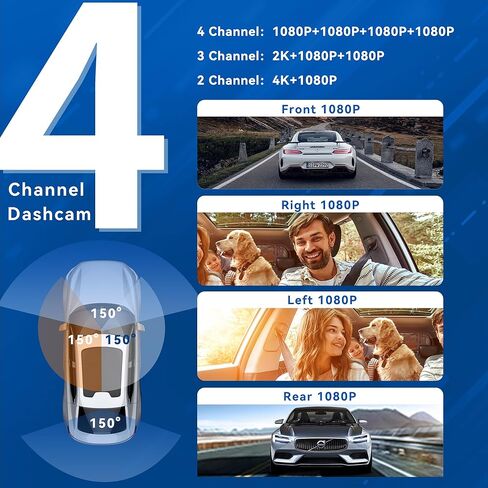 كاميرا داش كام أمامية وخلفية داخلية 4 قنوات 360 درجة، كاميرا داش بدقة 4K/2K/1080P عالية الدقة للسيارات، بطاقة مجانية 128 جيجابايت، كاميرا سيارة مدمجة واي فاي GPS، شاشة IPS 3.18 بوصة، رؤية ليلية، WDR، وضع انتظار 24 ساعة ( د4) in Kuwait