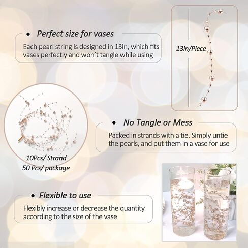 50Pcs Floating-Effect Silver Pearl Strings for Floating Candles, 13.5in Faux Pearls for Vase Filler, Centerpiece Table Decorations for Wedding, Party, Event (Silver) in Kuwait
