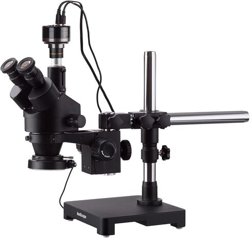 AmScope 7X-45X مجهر تكبير ستيريو ثلاثي العينيات أسود على حامل بذراع واحد + 144 مصباح حلقي مدمج مع كاميرا عالية الدقة in Kuwait