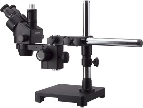 AmScope 7X-45X مجهر تكبير ستيريو ثلاثي العينيات أسود على حامل بذراع واحد + 144 مصباح حلقي مدمج مع كاميرا عالية الدقة in Kuwait