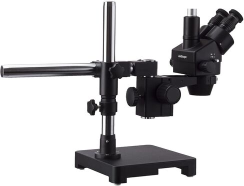 AmScope 7X-45X مجهر تكبير ستيريو ثلاثي العينيات أسود على حامل بذراع واحد + 144 مصباح حلقي مدمج مع كاميرا عالية الدقة in Kuwait