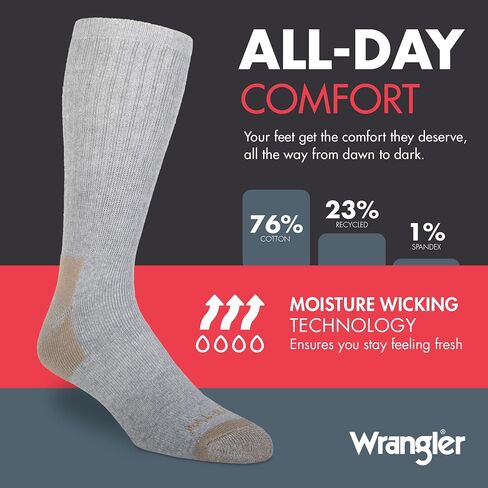 Wrangler - 365 Mens Crew Socks - Long Tube Full Cushion Mens Socks Fits Sizes 6-12 in Saudi Arabia