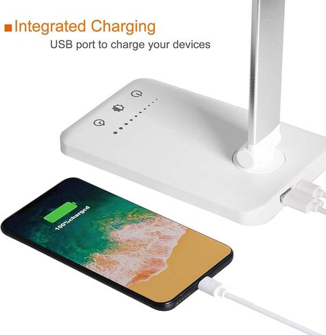 مصباح مكتب LED مصباح طاولة قابل للتعتيم للقراءة مع منفذ شحن USB، 5 أوضاع إضاءة، تحكم حساس، مؤقت إيقاف تلقائي 30/60 دقيقة، مصباح مكتب للعناية بالعين (فضي، أبيض) in Kuwait