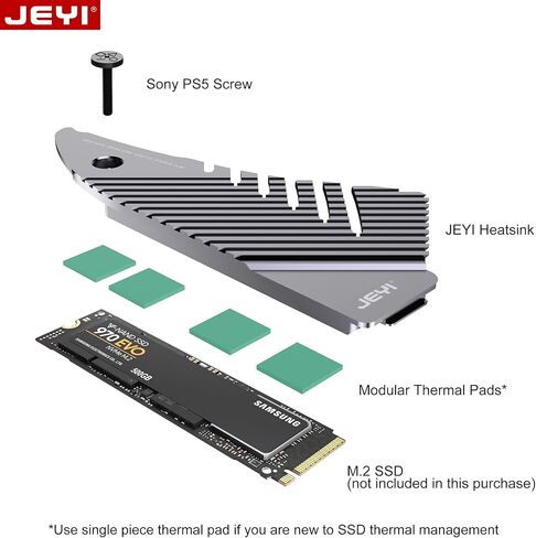 JEYI Design PS5 NVMe SSD Heatsink، مبرد ألومنيوم فضائي لجهاز Playstation 5 داخلي PCIe M.2 NVMe 4.0 Gen4، وسادات حرارية ودبوس قفل خلفي سهل التركيب in Kuwait