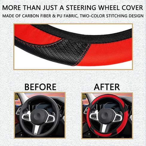 Car Steering Wheel Cover, Anti-Slip PU Leather & Carbon Fiber Steering Wheel Protector, Universal 14.5-15 Inch, Automotive Interior Accessories, Fit for Most Cars SUVs in Kuwait