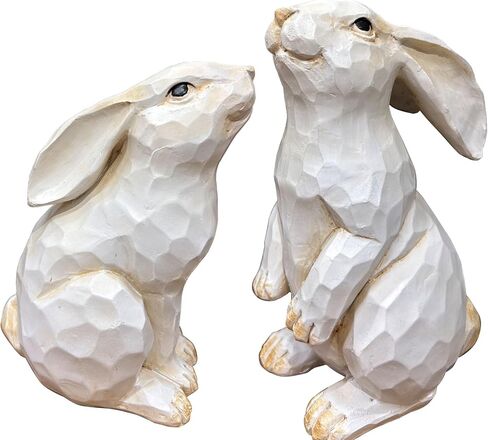 Easter Bunny Decoration, Decorative Farmhouse Sitting White Rabbit Bunny Figurine, Carved Rustic Distressed Animal Bunny Rabbits Ornaments - Home Decor Accents Collectible Bunny Figurine I Spring in Kuwait