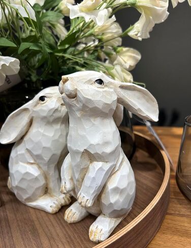 Easter Bunny Decoration, Decorative Farmhouse Sitting White Rabbit Bunny Figurine, Carved Rustic Distressed Animal Bunny Rabbits Ornaments - Home Decor Accents Collectible Bunny Figurine I Spring in Kuwait