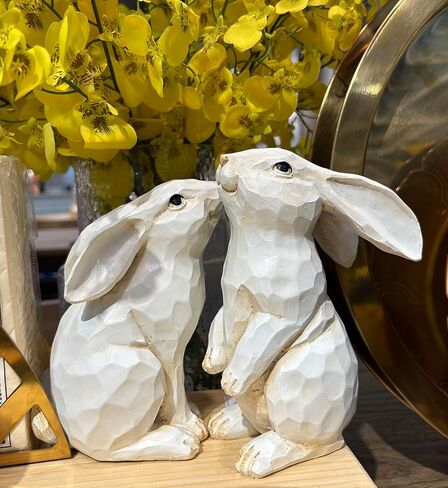 Easter Bunny Decoration, Decorative Farmhouse Sitting White Rabbit Bunny Figurine, Carved Rustic Distressed Animal Bunny Rabbits Ornaments - Home Decor Accents Collectible Bunny Figurine I Spring in Kuwait