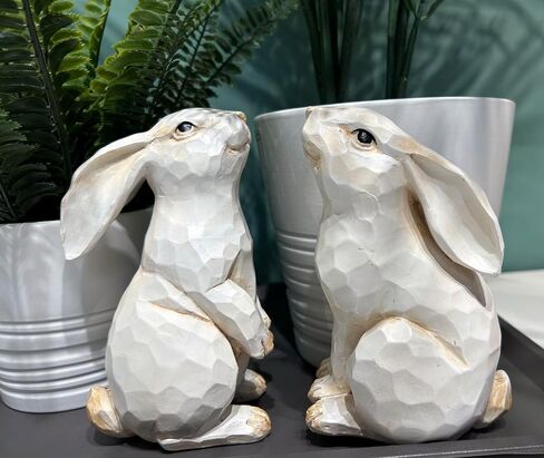 Easter Bunny Decoration, Decorative Farmhouse Sitting White Rabbit Bunny Figurine, Carved Rustic Distressed Animal Bunny Rabbits Ornaments - Home Decor Accents Collectible Bunny Figurine I Spring in Kuwait