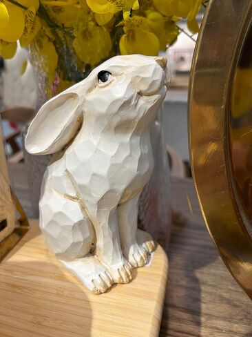 Easter Bunny Decoration, Decorative Farmhouse Sitting White Rabbit Bunny Figurine, Carved Rustic Distressed Animal Bunny Rabbits Ornaments - Home Decor Accents Collectible Bunny Figurine I Spring in Kuwait