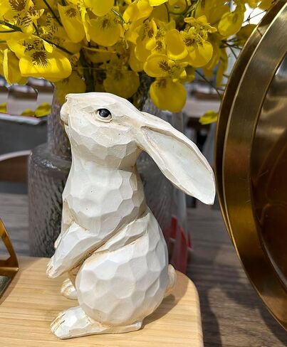 Easter Bunny Decoration, Decorative Farmhouse Sitting White Rabbit Bunny Figurine, Carved Rustic Distressed Animal Bunny Rabbits Ornaments - Home Decor Accents Collectible Bunny Figurine I Spring in Kuwait