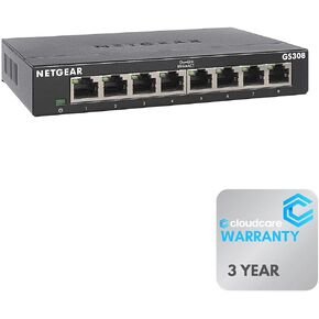 NETGEAR GS308-300PAS 8-Port Gigabit Ethernet 𝐒𝐰𝐢𝐭𝐜𝐡 | Unmanaged | Desktop and Wall Mountable | Cloud Care's 3-Year Warranty SupportPlus Included