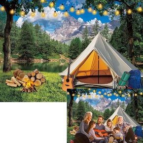 Binqoo Camping Backdrop 7x5ft Forest Forest Campfire Tent Party Party Background Happy Camper Banner Wilderness Adventure Photo Photo Props Props