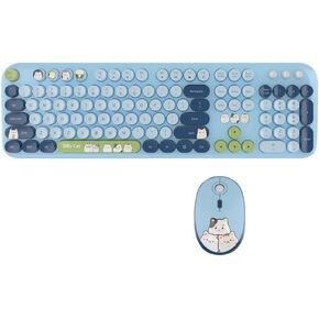 Cute Cat Retro Round Keycaps 104 Combo Mouse Mouse اللوحة اللاسلكية مع الماوس الصامت متوافق مع Windows 7 8 10 XP Enconomic 2.4G تصميم (أزرق)