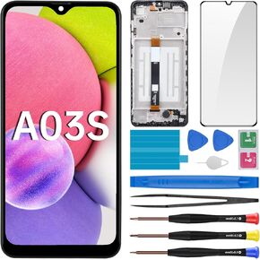 for Samsung Galaxy A03s Screen Replacement with Frame LCD Display Touch Digitizer Full Assembly and Side Button Ear Speaker Vibration Motor Glass Repair Tools Kit SM-A037U/M-A037U1
