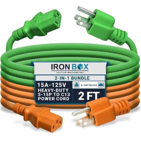 حزمة Ironbox Electric 2-in-1-Duty-Duty 5-15p إلى C13 سلك الطاقة-3 Prong 15a 125V 14/3 SJT PC Cable-سلك للكمبيوتر ، ومراقب ومزيد من الكابل لمصدر الطاقة (2 قدم ، والبرتقالي والأخضر)