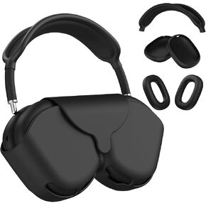 [4 في 1] غطاء علبة السيليكون لـ AirPods Max (2024/2020) ، مجموعة أذن/أكواب أذن/أذن/غطاء رأس ، إكسسوارات مضادة للخلع لخزانة الغبار لسماعات Apple Airpods Max Max (USB-C/Lightning) الأسود
