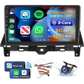 [8 CORE 6G+128G] Car Radio for Honda Accord 8th 2008-2013 with Wireless Carplay/Android Auto, 10.1 Inch Android 13 IPS Touch Screen Car Stereo, Bluetooth, GPS, WiFi, SWC, DSP + Backup Camera