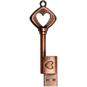 8GB USB 2.0 Flash Drive Vintage Metal Heart Key Ring Shape Pen Drive Waterproof Key Chain Memory Stick Thumb Drive Gift