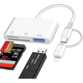 SD Card Reader for iPhone iPad Mac, Lightning & USB-C Dual Interface Memory Card Reader with SD/Micro SD/USB-A 3 Slots, Digital Camera Adapter to iPhone, Plug & Play