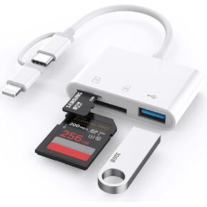 SD Card Reader for iPhone iPad, Built-in Lightning USB-C Dual Port SD Card Adapter with SD MicroSD USB 3 Slots Trail Camera Memory Card Viewer, No App Required, Plug and Play