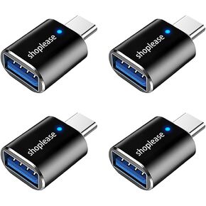 USB-C to USB Adapter, Type A Female to Type C Male, LED Indicator, 4 Pack, Black