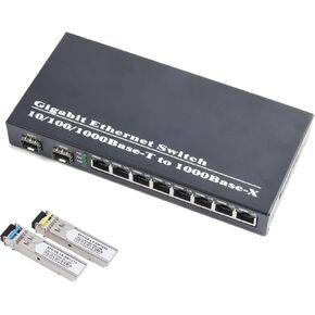 Gigabit SFP Media Converter - 2 SFP to 8 RJ45 Transceiver, 10/100/1000M Fiber Optic Switch with 3KM/20KM LC/SC SFP Module (1PCS & SC 20KM Kit)