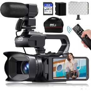 4K Camcorder Video Camera 64MP Vlogging Camera for YouTube 18X Digital Zoom 4.0 Inch Touch Screen Video Camcorder with WiFi, 4500mAh Battery, Microphone, Stabilizer, Remote Control, 64GB SD Card