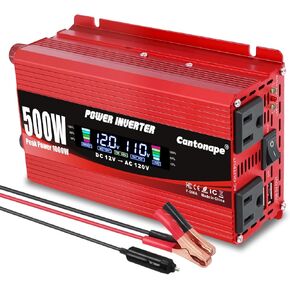 500W/1000W(Peak) Car Power Inverter DC 12V to 110V/120V AC Converter with LCD Display 2 AC Outlets and 2 USB Ports Car Charger Adapter for Car Laptop Truck Red